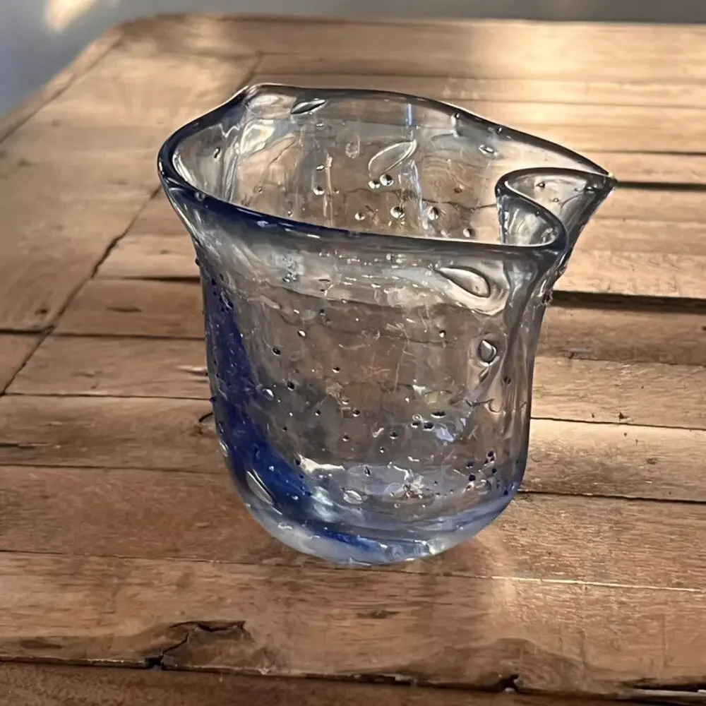 Art Glass Vase Clear Blue Ruffle Bubbled Handkerchief 3.7